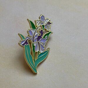 Iris Floral Enamel Gold Tone Pin Brooch 1 5/8”